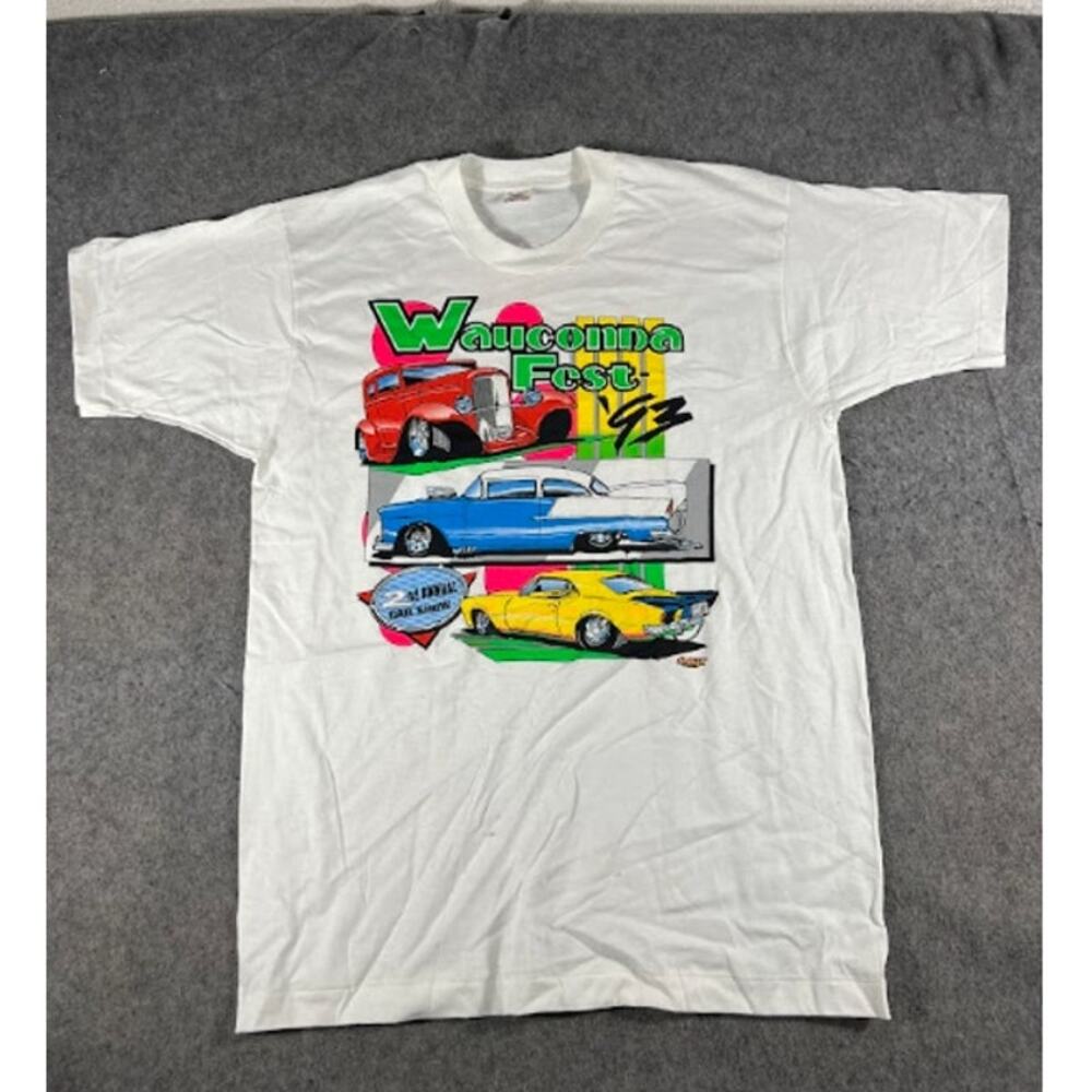 VTG 90s Wauconda Fest Classic Car Show Tshirt Mens XL White Hot Rod Streetwear